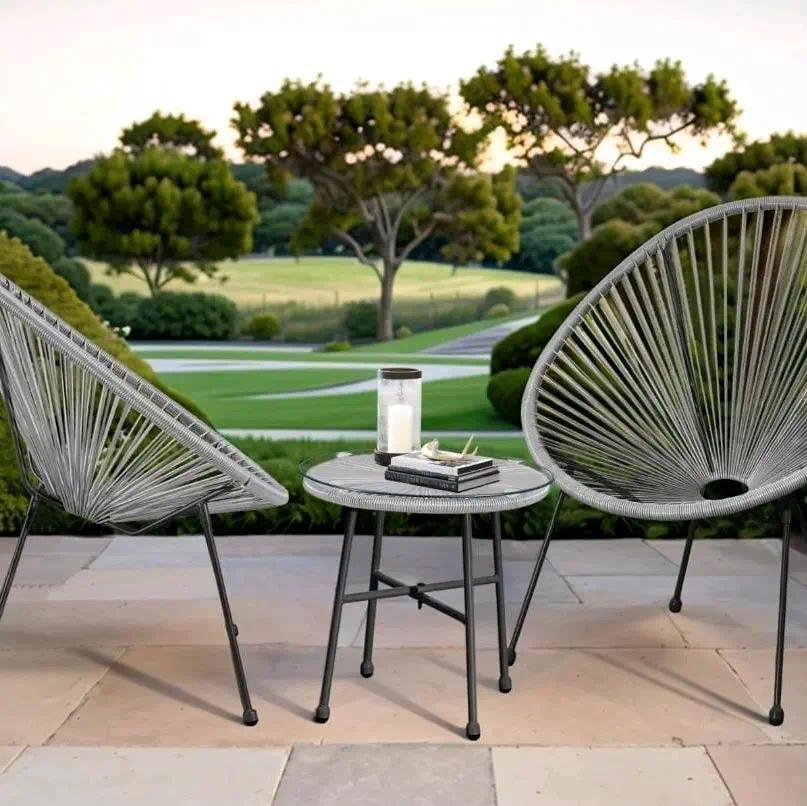 3-Piece Egg Chair Lounge Set, Ergonomic Woven String Patio Chair with Tall Enveloping Backrest, Sturdy Steel Frame & Tempered Glass Side Table, Waterproof PE Outdoor Indoor Furniture for Garden Patio Conservatory, Black