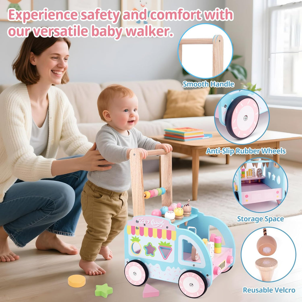 Baby Walker First Step Activity - Wooden Learning Walker with Wheels, Multifunctional Ice Cream Cart Toy & Activity Center for Toddlers, Push Walking Toy Gift for 1 2 3 Year Old Girls Boys [Plus A Free Gift]