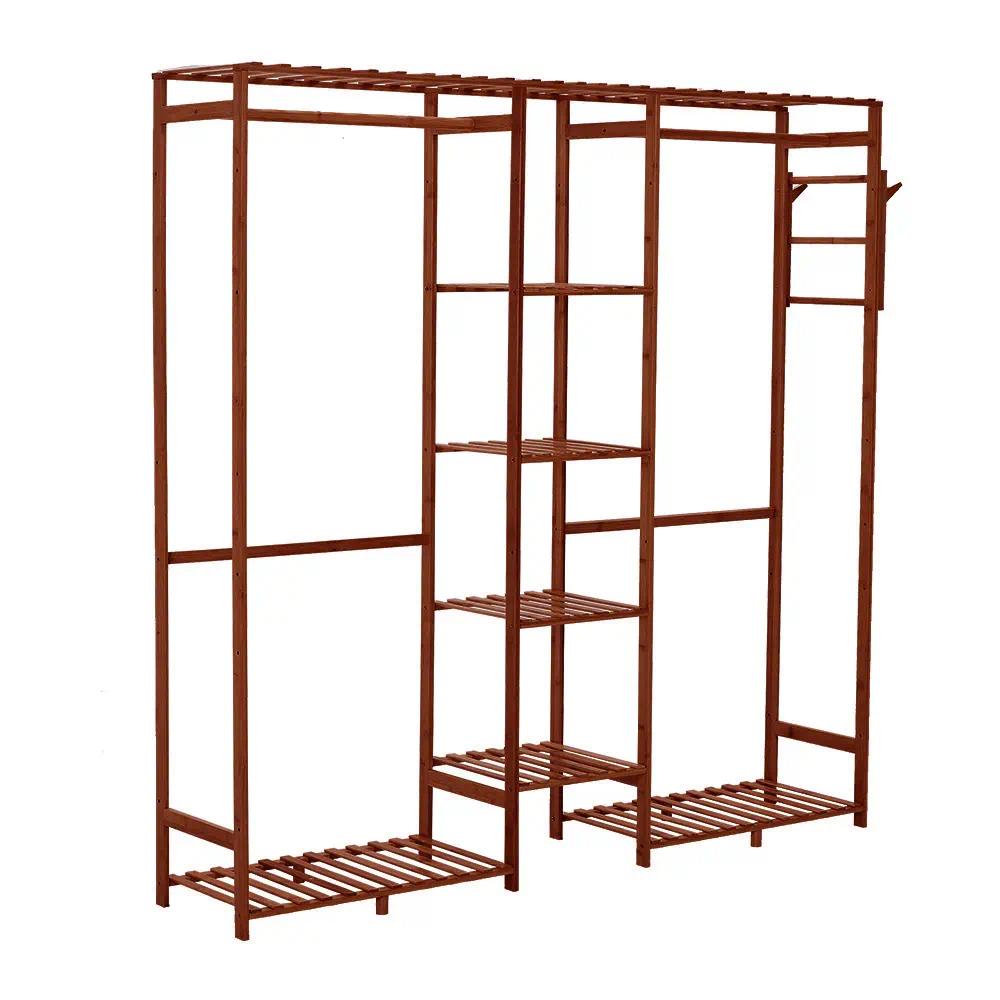 Freestanding Wood Open Garment Rack, Multi‑Storage Clothes Rack with 2 Hanging Rods, Trouser Holder & Multi‑Tier Shelves, Clothing Organizer for Bedroom Entryway Dressing Room