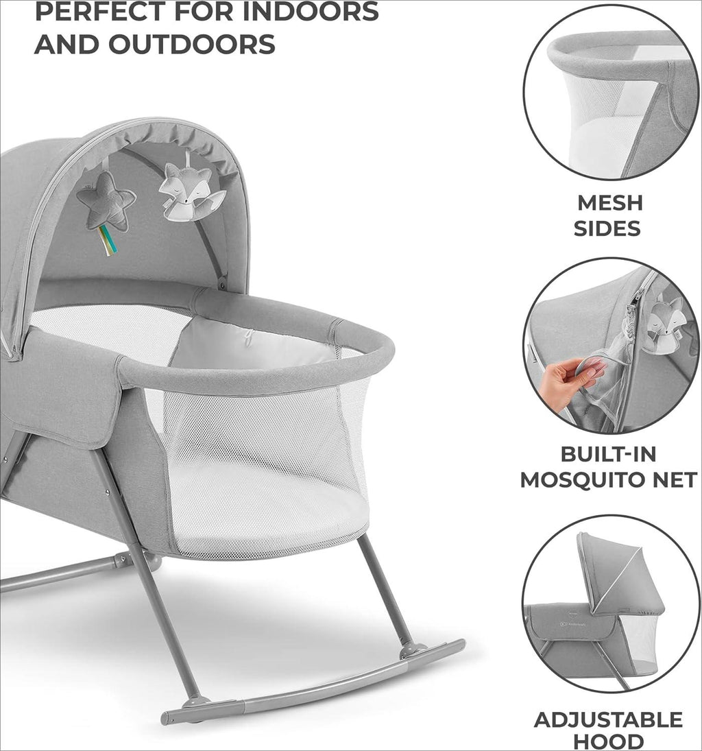 3-in-1 Foldable Baby Crib with Adjustable Canopy, Mattress Cover, Toys & Carry Bag - for Newborns 0-9kg, Gray - Compact & Portable Design