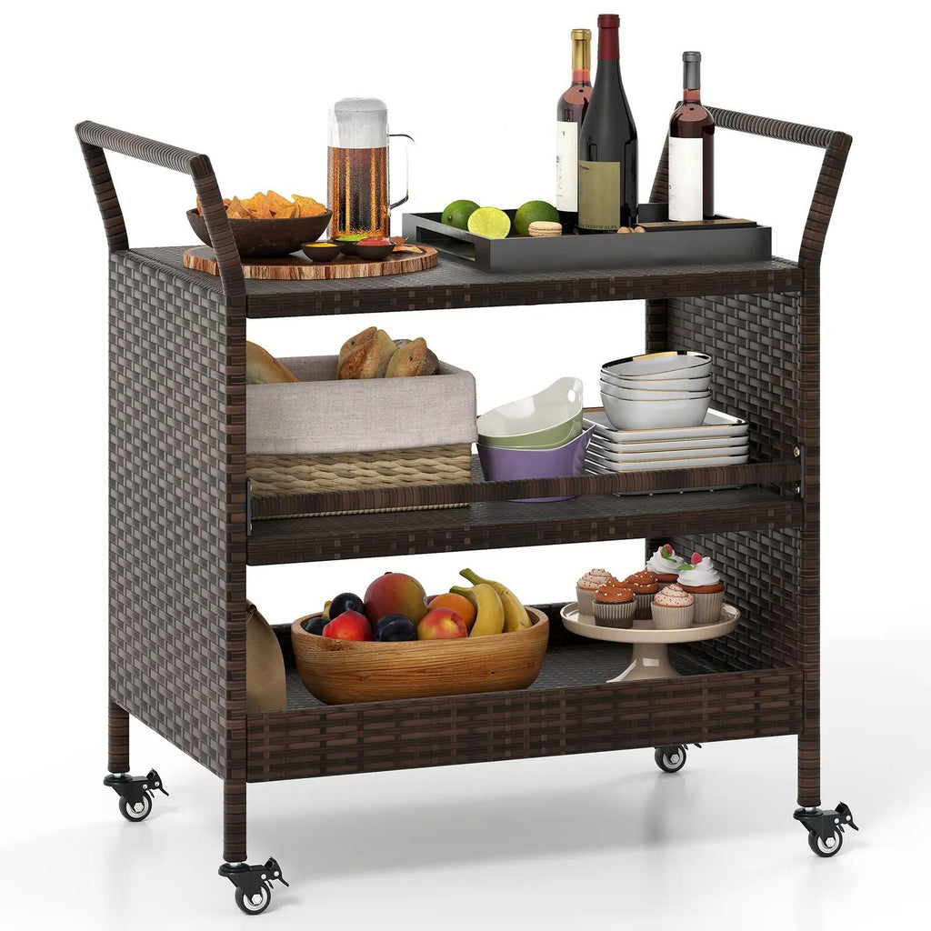 Outdoor Bar Cart, 3‑Tier Patio Rattan Serving Cart with Lockable Universal Wheels, Side Handles & Anti‑Fall Baffles, Versatile Rolling Storage Shelf for Backyard Poolside Porch Party Beverage Dinnerware Organizer