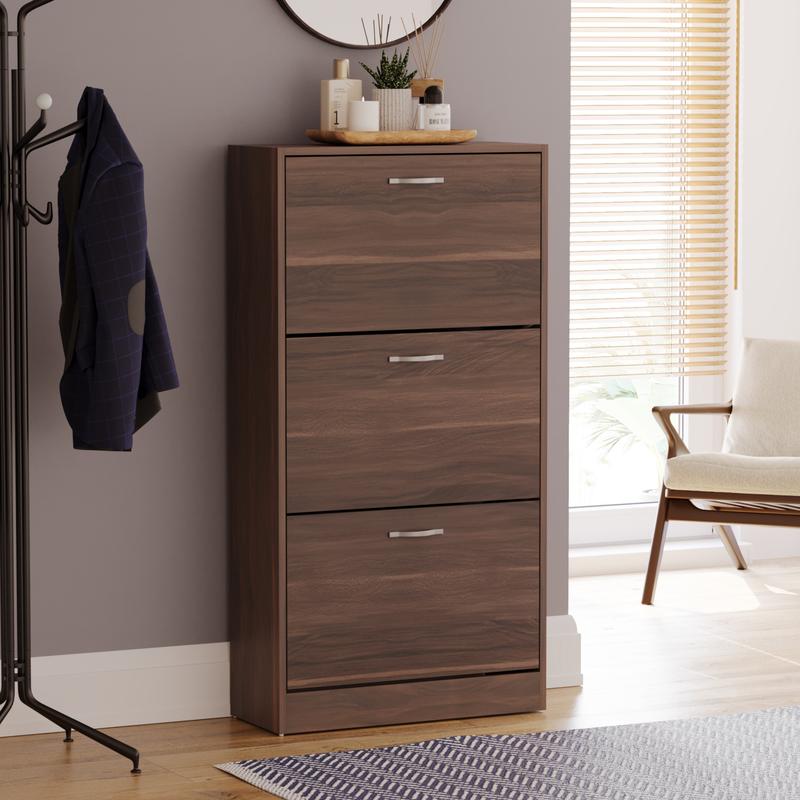3 Drawer Shoe Cabinet Cupboard Storage Organiser Pull-Down Wooden Hallway Furniture Unit with Stainless Steel Handles Compact Durable Space-Saving Racks