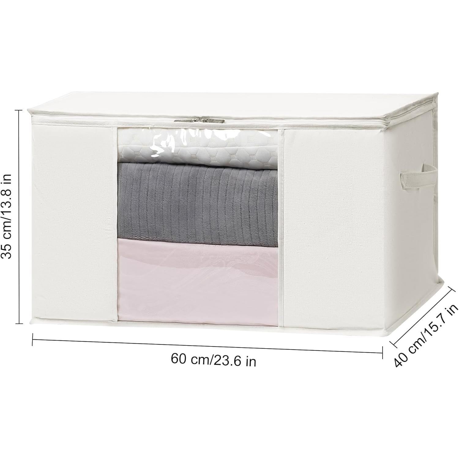 Large Storage Bags with Zip and Clear Window, Cotton Blended Fabric Storage Containers for Seasonal Clothes and Bedding, 60x40x35 cm, 2-Pack, Beige