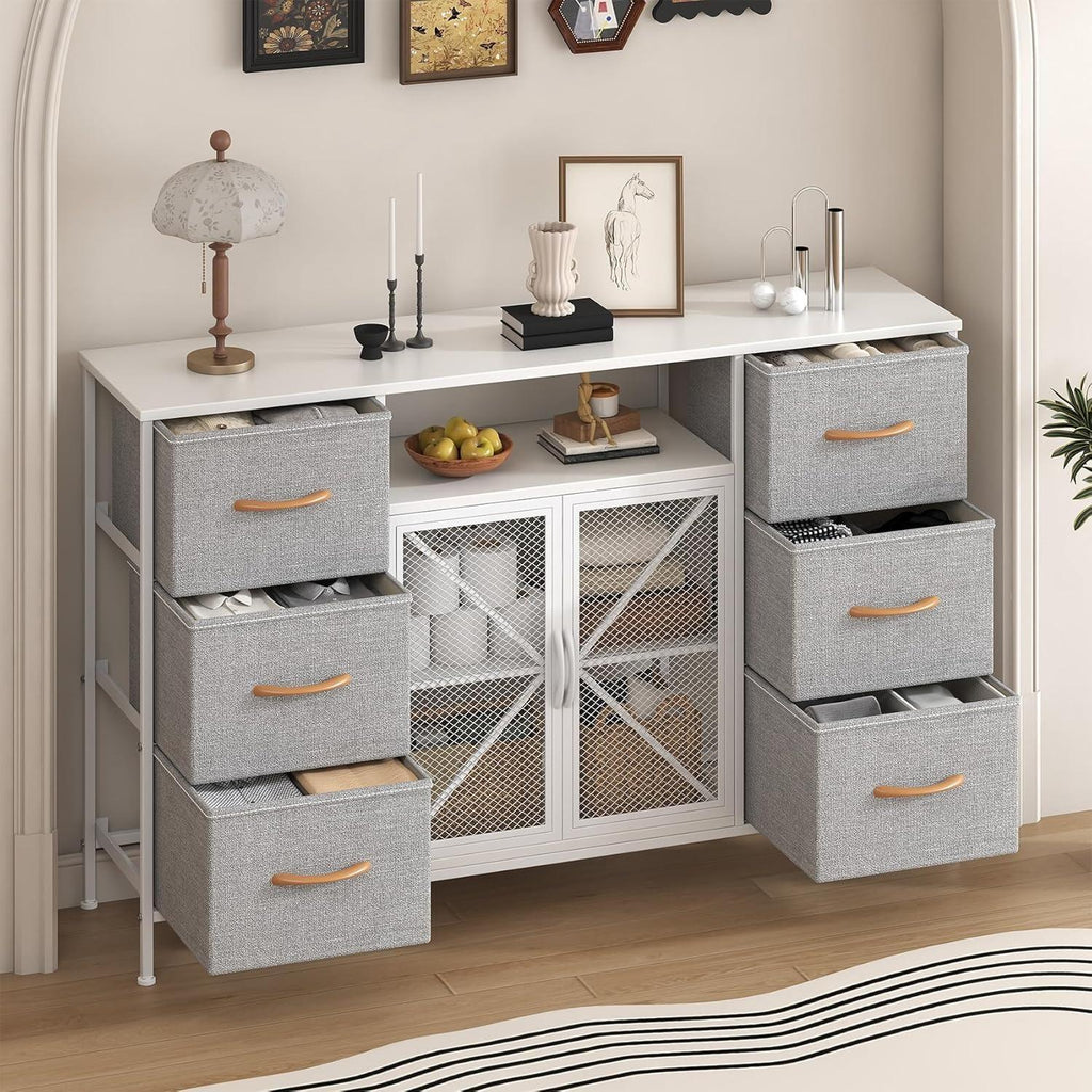 Fabric Storage Dresser with 6 Drawers, Sturdy Metal Frame Organizer Chest, Wooden Top & Mesh Cabinet Design, Versatile Home Furniture for Bedroom Living Room Hallway Entryway