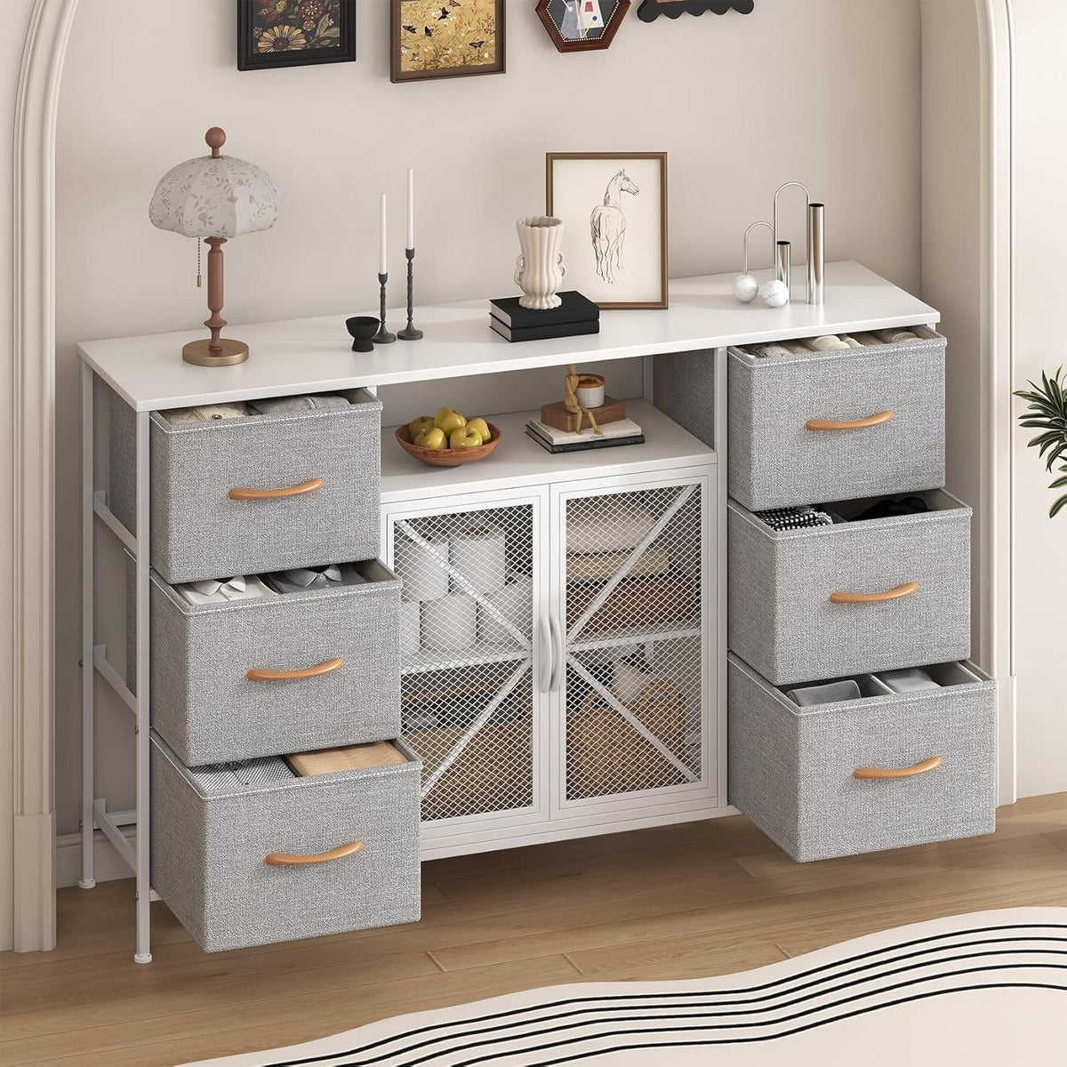 Fabric Storage Dresser with 6 Drawers, Sturdy Metal Frame Organizer Chest, Wooden Top & Mesh Cabinet Design, Versatile Home Furniture for Bedroom Living Room Hallway Entryway
