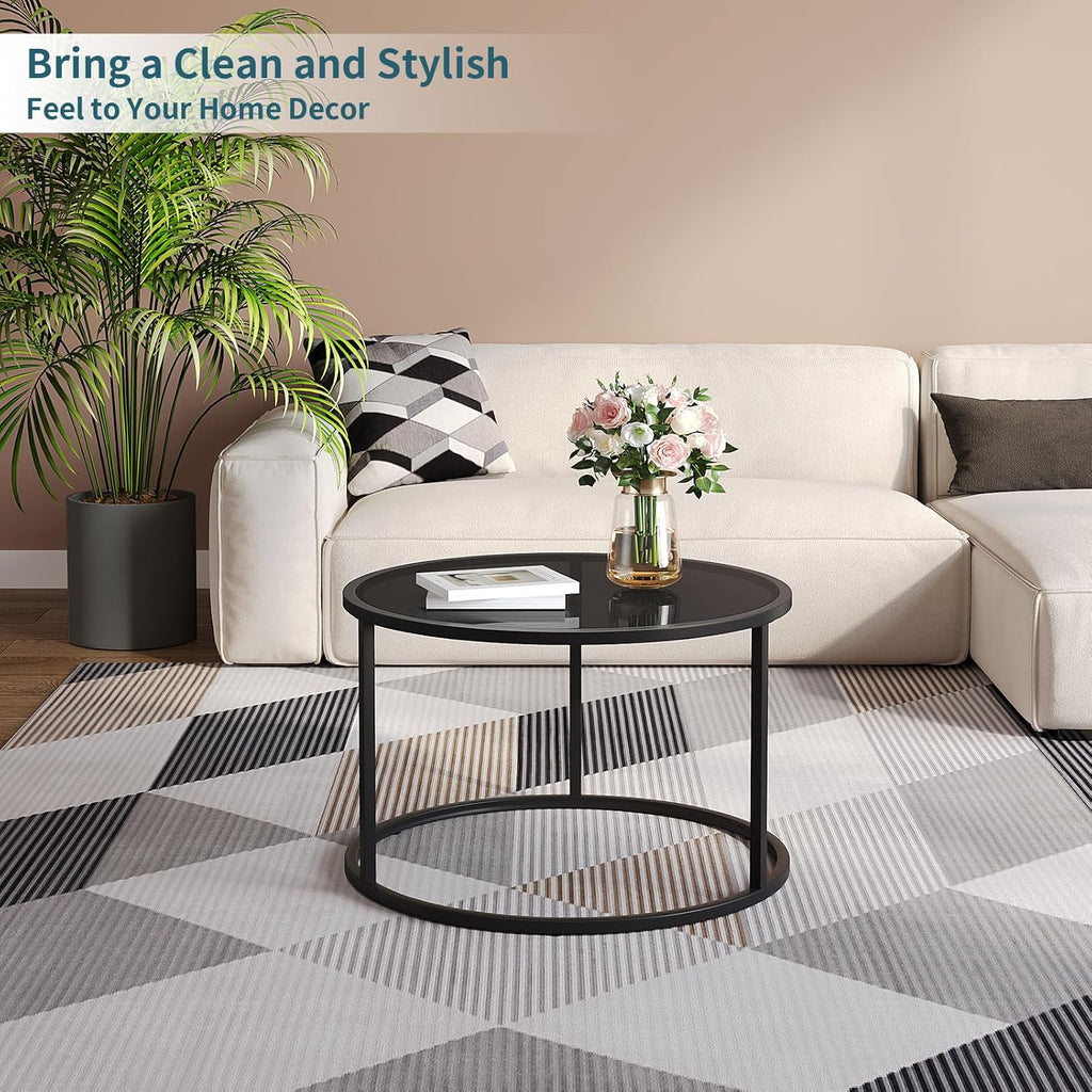 【NS】Glass Coffee Table Small Round Coffee Tables 70cm Modern Tempered Glass-Top Accent Center Table for Living Room Home Office Small Space Easy Assembly, Black