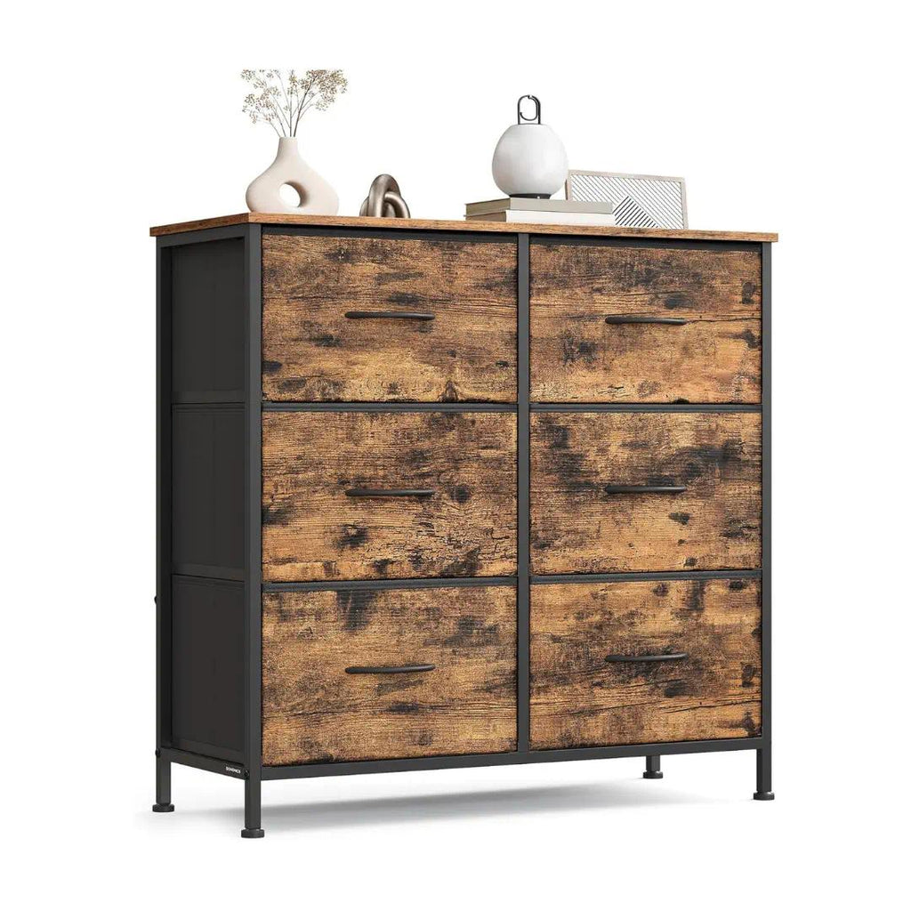 Rustic Brown 6 Fabric Drawers Chest of Drawers, Steel MDF Non‑Woven Storage Unit Dresser with Handy Handles Anti‑Tip Kit Adjustable Feet for Bedroom Closet Hallway Living Room