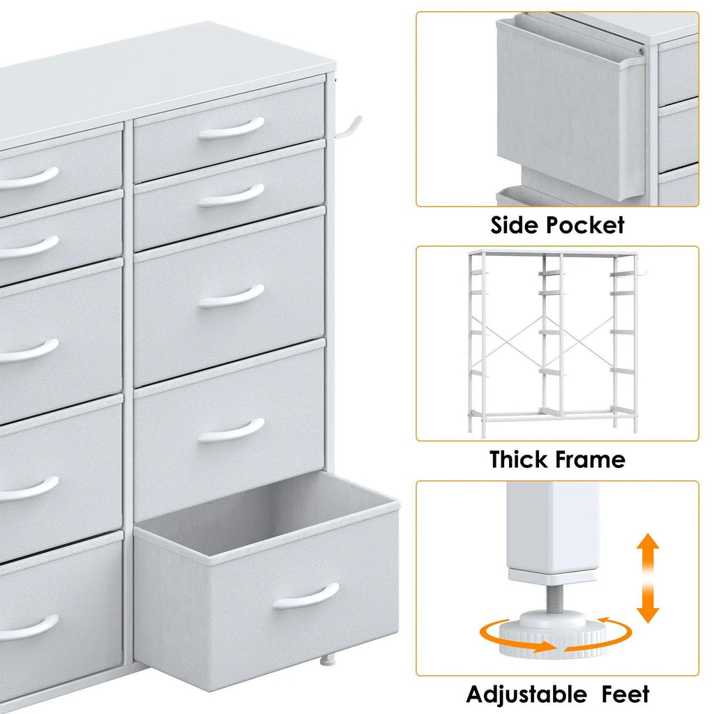 White Tall 10‑Drawer Fabric Dresser with 3 Side Pockets, Chest of Drawers with MDF Wood Top & Metal Frame, Anti‑Tip Storage Organizer for Bedroom Closet Living Room Dorm Office