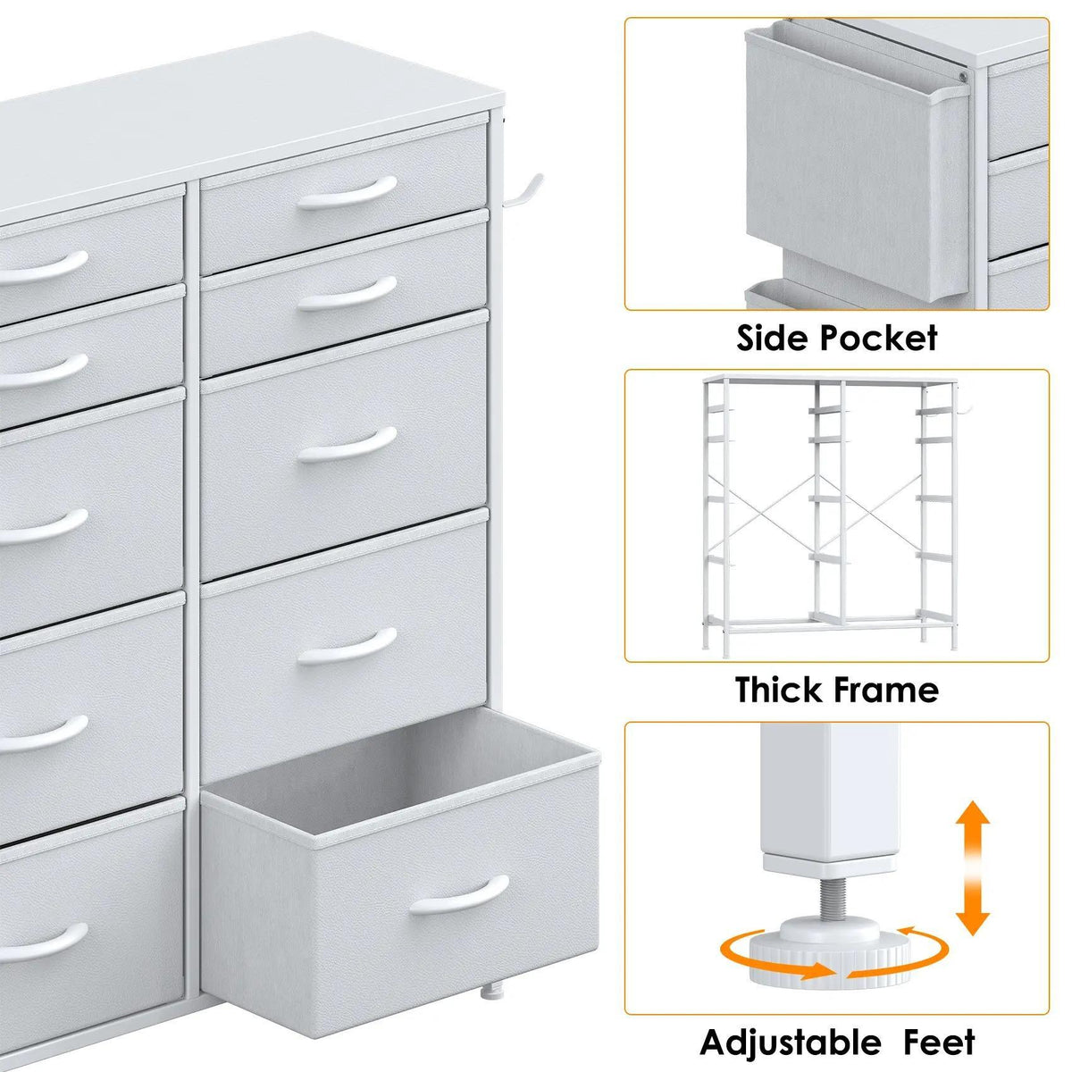 White Tall 10‑Drawer Fabric Dresser with 3 Side Pockets, Chest of Drawers with MDF Wood Top & Metal Frame, Anti‑Tip Storage Organizer for Bedroom Closet Living Room Dorm Office