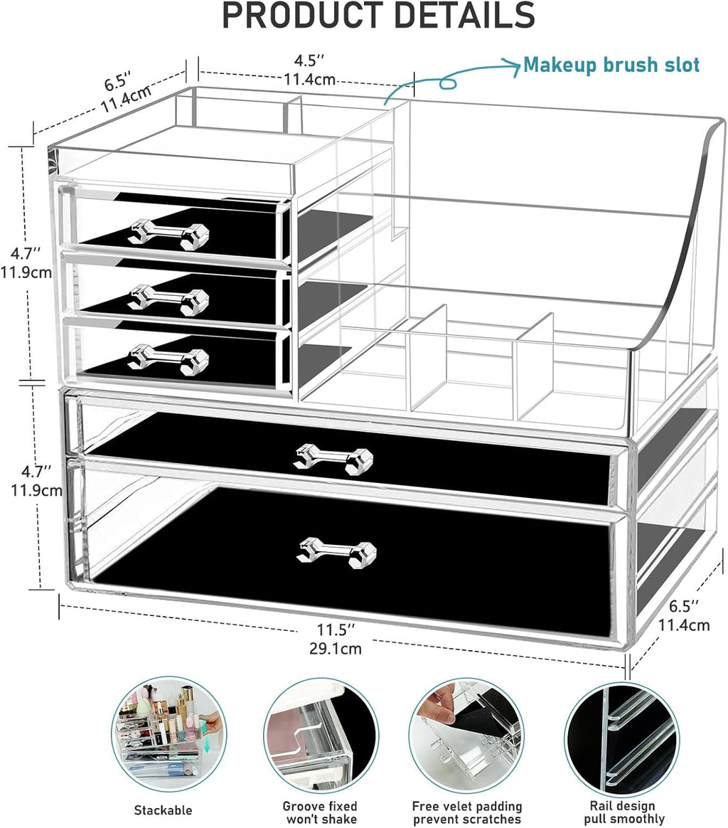Clear Makeup Organizer With Drawers,Stackable Cosmetic Storage Display Case for Vanity,Bathroom Counter or Dresser,Countertop Holder for Lipstick,Brushes,Lotions,Eyeshadow,Nail Polish and Jewelry