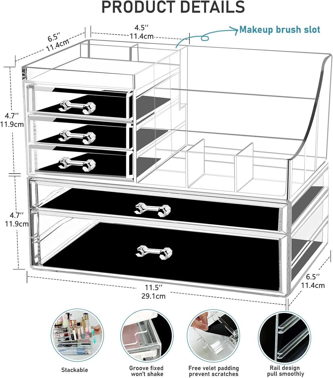 Clear Makeup Organizer With Drawers,Stackable Cosmetic Storage Display Case for Vanity,Bathroom Counter or Dresser,Countertop Holder for Lipstick,Brushes,Lotions,Eyeshadow,Nail Polish and Jewelry