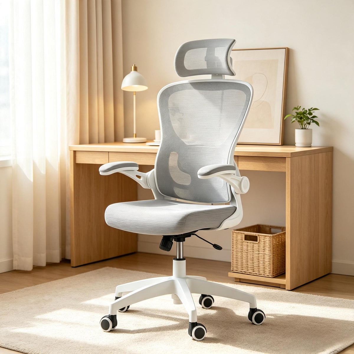 High‑Back Ergonomic Breathable Mesh Office Desk Chair, Adjustable Headrest & Lumbar Support, Flip‑Up Armrests with Rocking Tilt Function, 360° Swivel Rolling Computer Chair for Home Office Study & Gaming