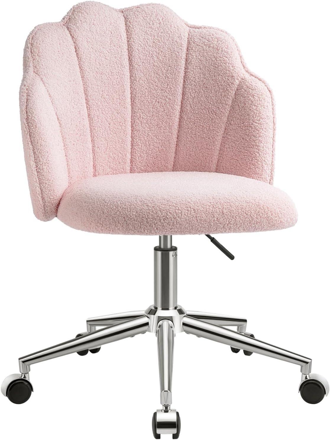 Shell‑Shaped Teddy Fabric Vanity Chair, White & Pink 360° Swivel Height Adjustable Makeup Desk Chair with Silent Wheels, Padded Rolling Armchair for Bedroom Dressing Room Home Office
