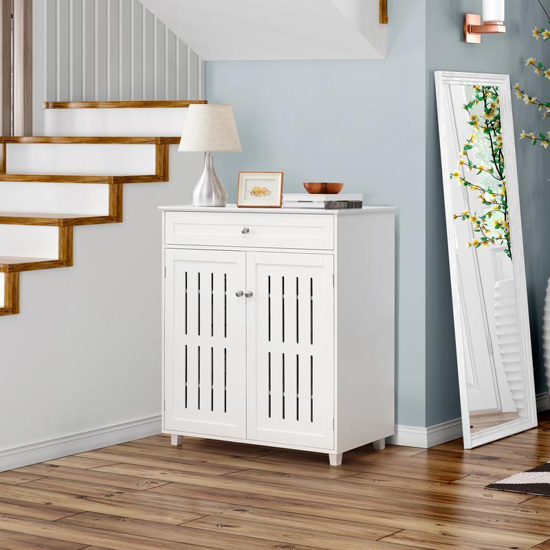 Freestanding Wooden Shoe Storage Cabinet, 4‑Tier Shoe Organiser with Drawer & Doors, Adjustable Shelves, Anti‑Tipping Design, Holds 15‑18 Pairs Shoes for Entryway Hallway Bedroom