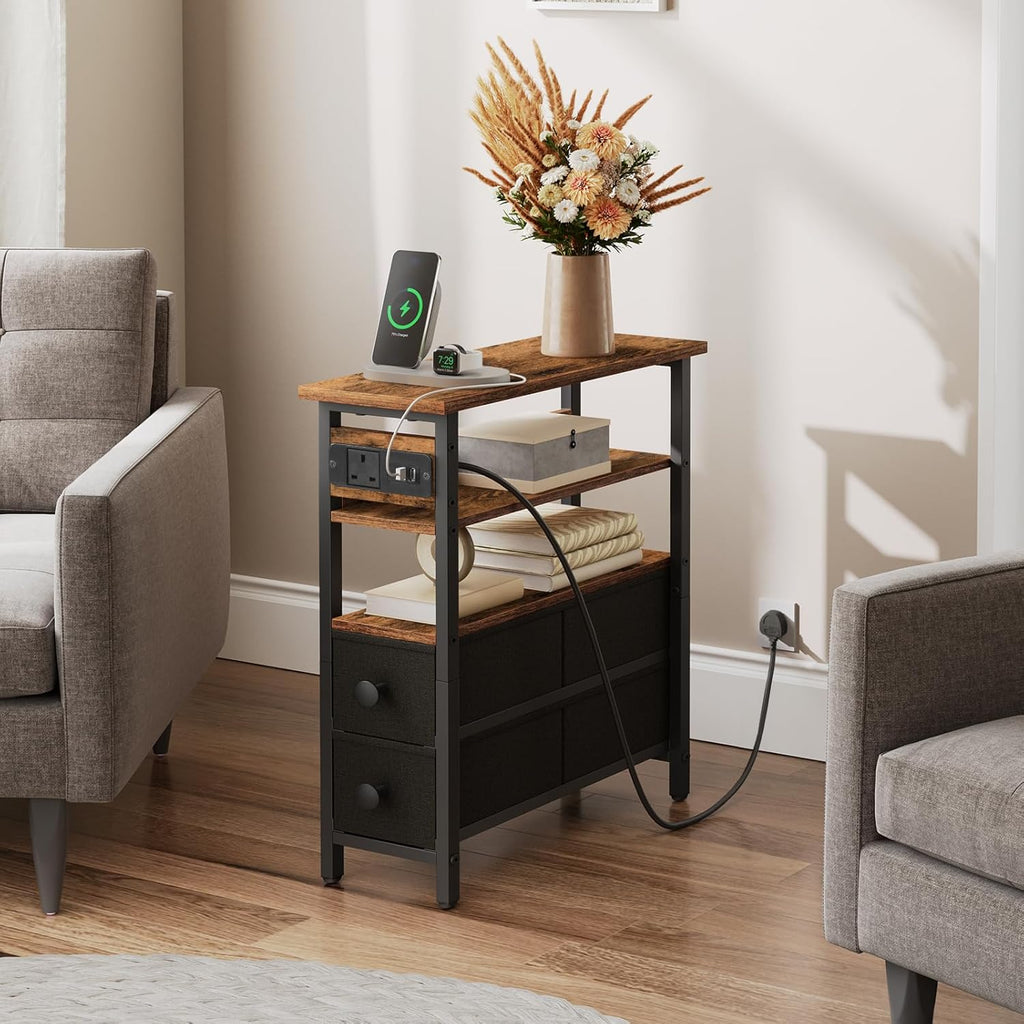 Side Table with Charging Station, Narrow Side Table with 2 Non-Woven Drawers, USB Ports and Power Outlet, 40 x 18 x 60 cm Slim Bedside Table for Small Space, Rustic Brown and Black