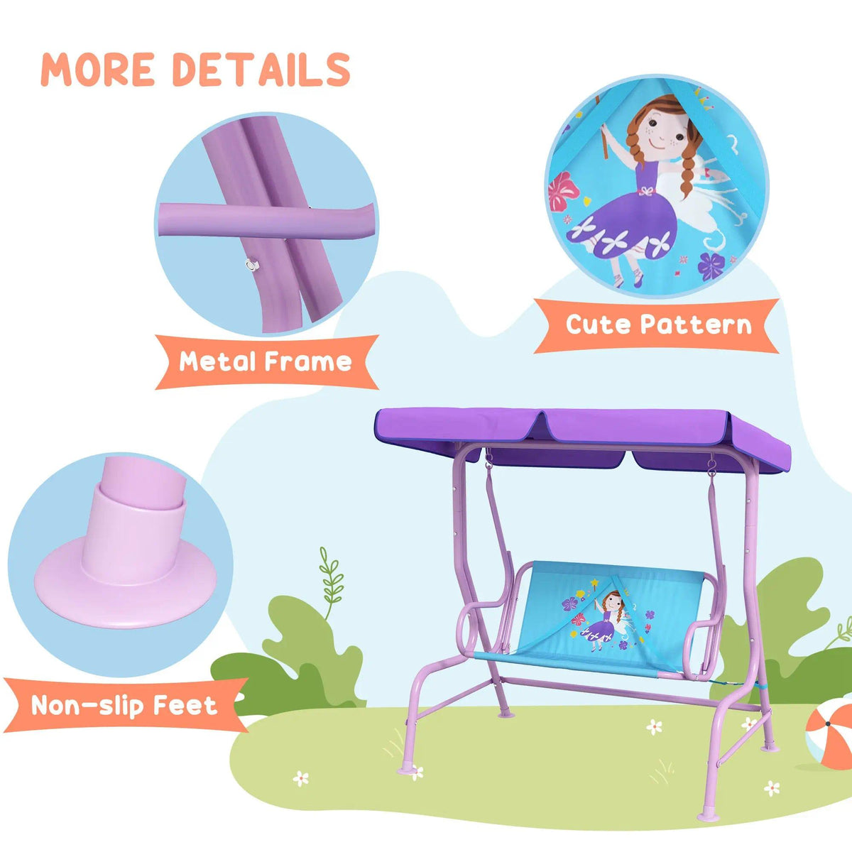 Fairy Themed Double Kids Swing Chair with Adjustable Canopy & Safety Seat Belts, 2-Seat Outdoor Garden Swing Bench for Patio Porch Backyard, Suitable for Boys Girls Ages 3-6 Years