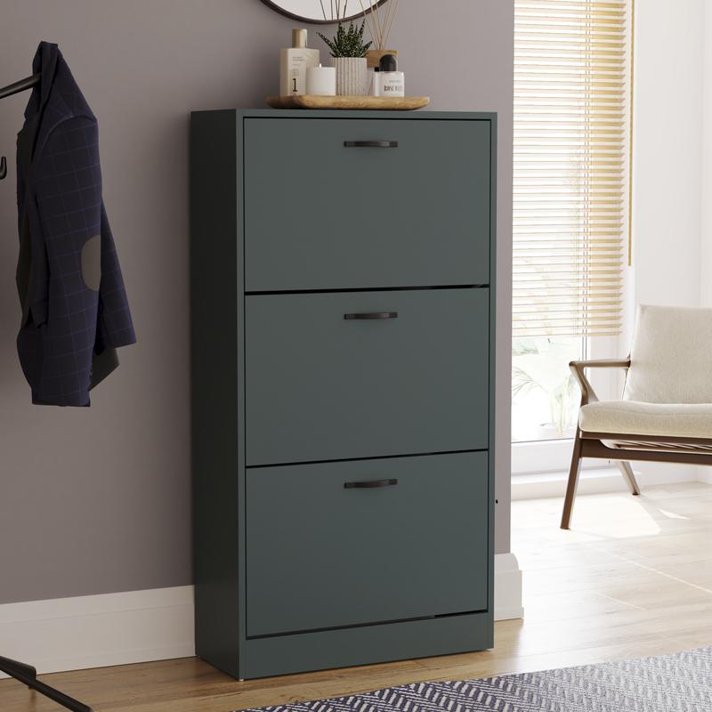 3 Drawer Shoe Cabinet Cupboard Storage Organiser Pull-Down Wooden Hallway Furniture Unit with Stainless Steel Handles Compact Durable Space-Saving Racks