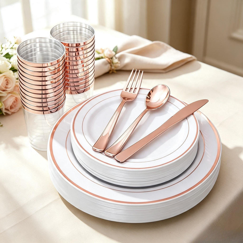 Multi-Use  Plastic Dinnerware Set,  Resuable Dinner Plates,  Salad Plates,  Knives,  Mini Forks,  Spoons,  300ml Cups for Wedding Anniversary Garden Party