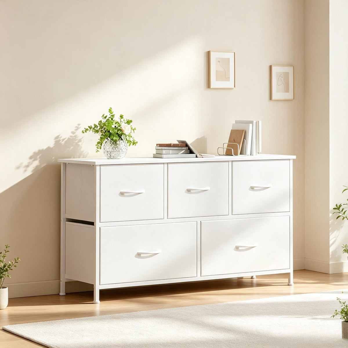 5 Drawers Faux Leather Chest of Drawers Wide Storage Organiser Dresser White Multi-Use Nightstand TV Stand Cabinet for Bedroom Closet Nursery Entryway Hallway 30 x 100 x 55 cm