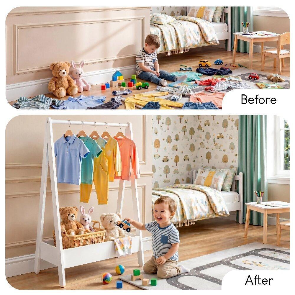 Pink Kids Clothes Rack – Solid Pine Wood, 99H x 64.5W x 42D cm, Space-Saving Hanging Rail with Extra Storage Shelf, Portable Stand for Toys and Shoes, Bedroom Furniture for Children [Plus A Free Gift]
