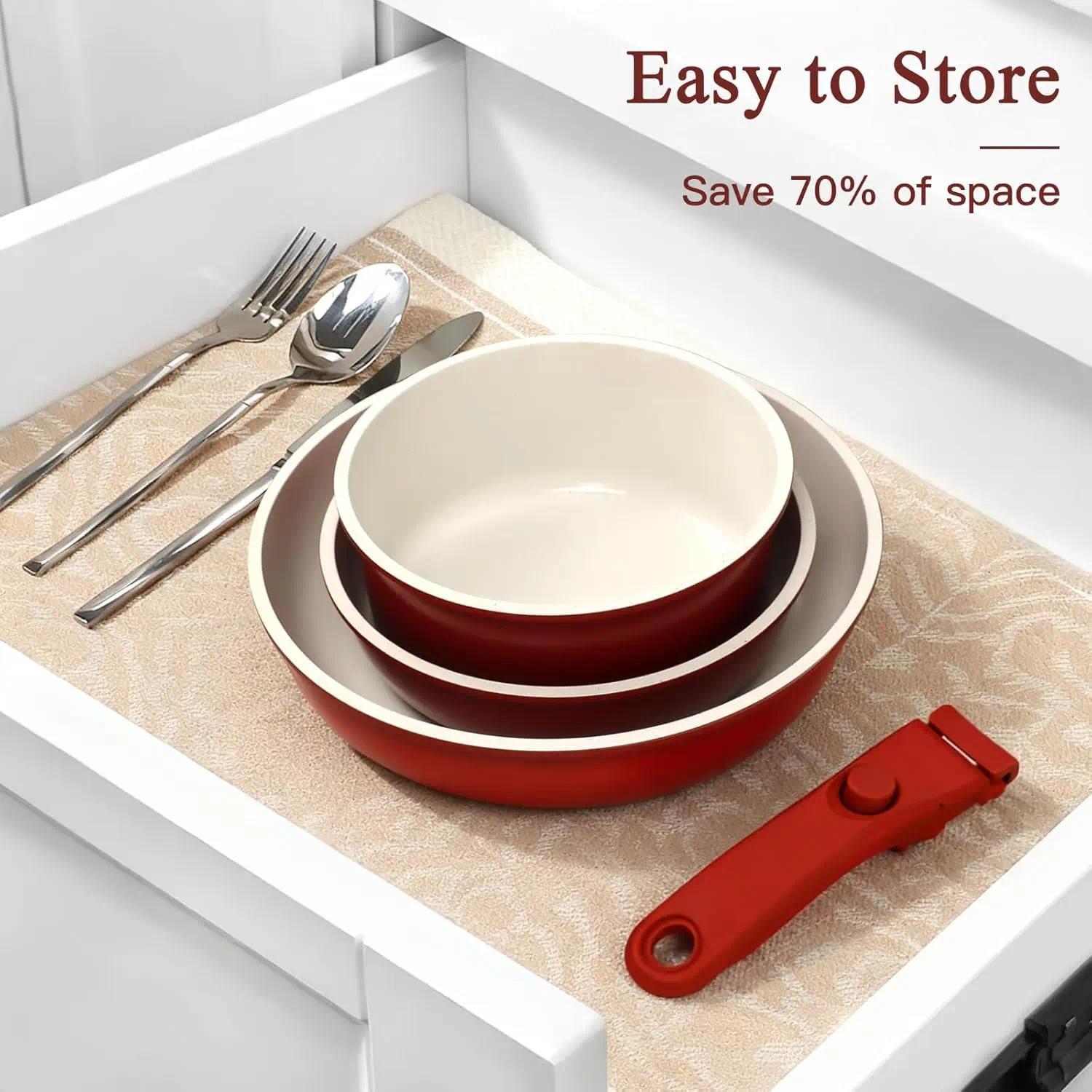 11PCS Granite Non-Stick Pots and Pans Cookware Set with Detachable Removable Handles,  Free Healthy Kitchen Cooking Set, Oven Safe Compatible for Induction Gas Electric Stovetops, Space Saving RV Camper Travel Cookware Kit