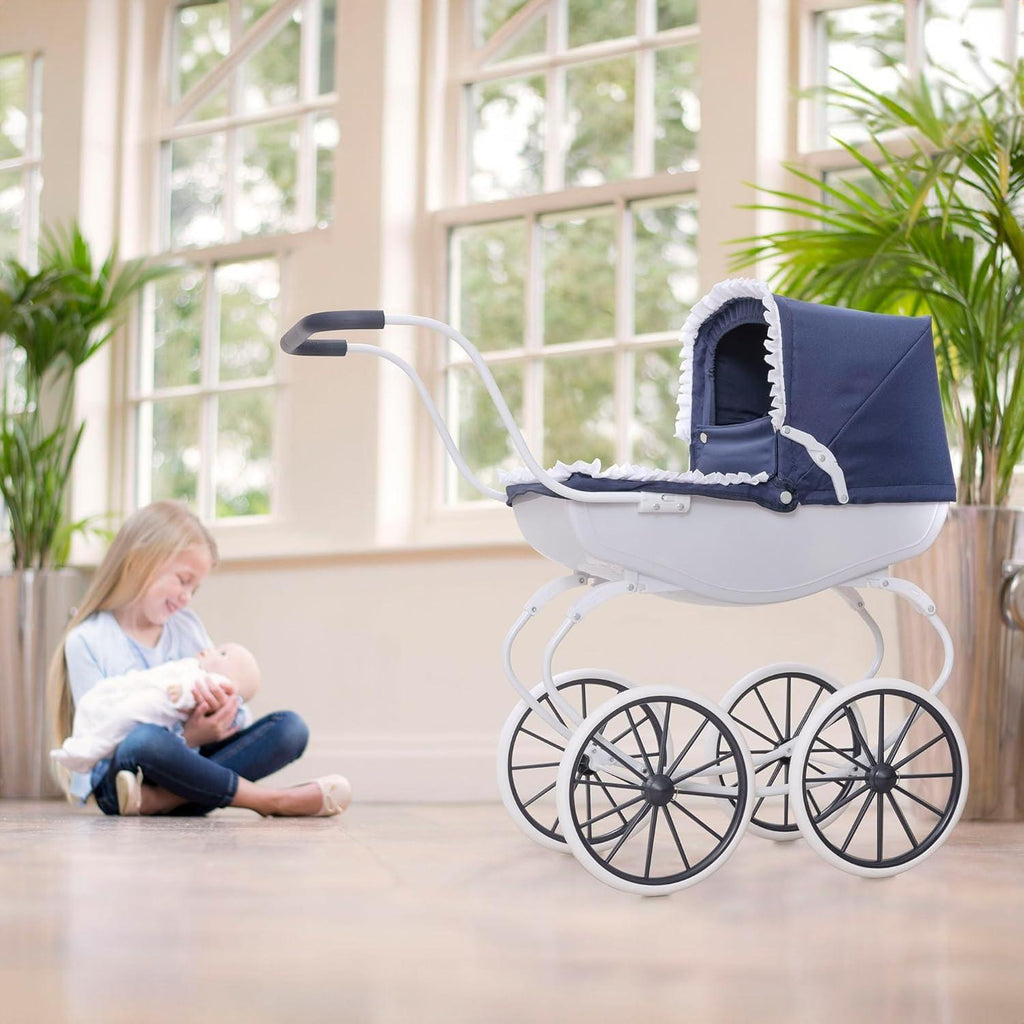 【NS】Traditional English Carriage Doll Pram - Heirloom Quality Push Along Toy with White Wheels - For Ages 3+ | Collector's Gift