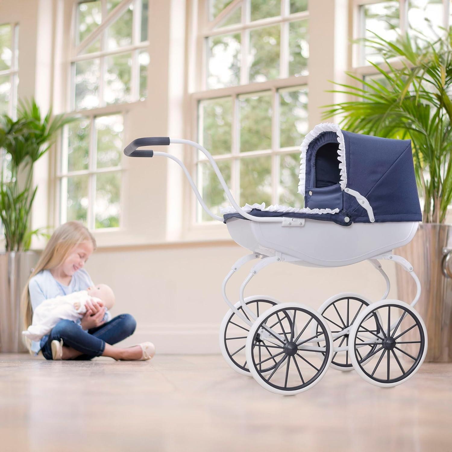 【NS】Traditional English Carriage Doll Pram - Heirloom Quality Push Along Toy with White Wheels - For Ages 3+ | Collector's Gift