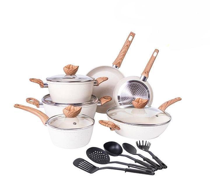 CZHMBM  Non Stick Pots and Pans Set Induction Hob Compatible Cookware with Lids Heat Resistant Easy Clean Durable Kitchenware for Home Cooking Copper Finish Wooden Handles - Oil