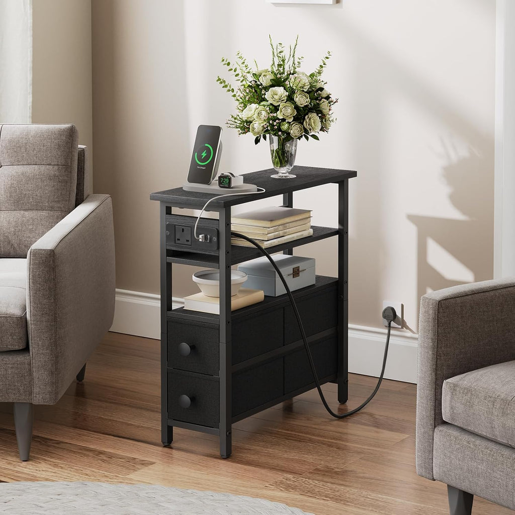 Side Table with Charging Station, Narrow Side Table with 2 Non-Woven Drawers, USB Ports and Power Outlet, 40 x 18 x 60 cm Slim Bedside Table for Small Space, Rustic Brown and Black