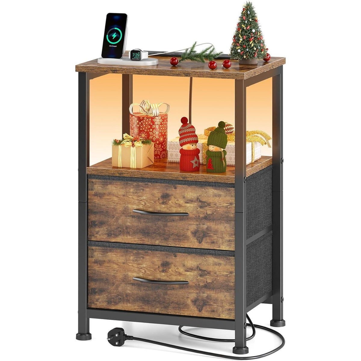 40cm Wide Bedside Table with USB Charging Station & LED Lights, 2 Fabric Drawers Nightstand, Slim End Table for Small Spaces, Bedroom, Living Room, Rustic Brown [Plus A Free Gift]