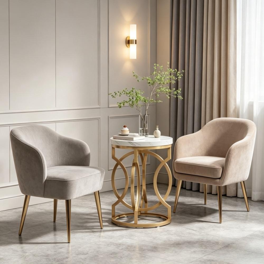 White Gold Round Side Table, Faux Marble Nightstand, Modern Small Accent Table for Living Room, Bedside Nightstand for Bedroom, Compact End Table for Small Spaces [Plus A Free Gift]