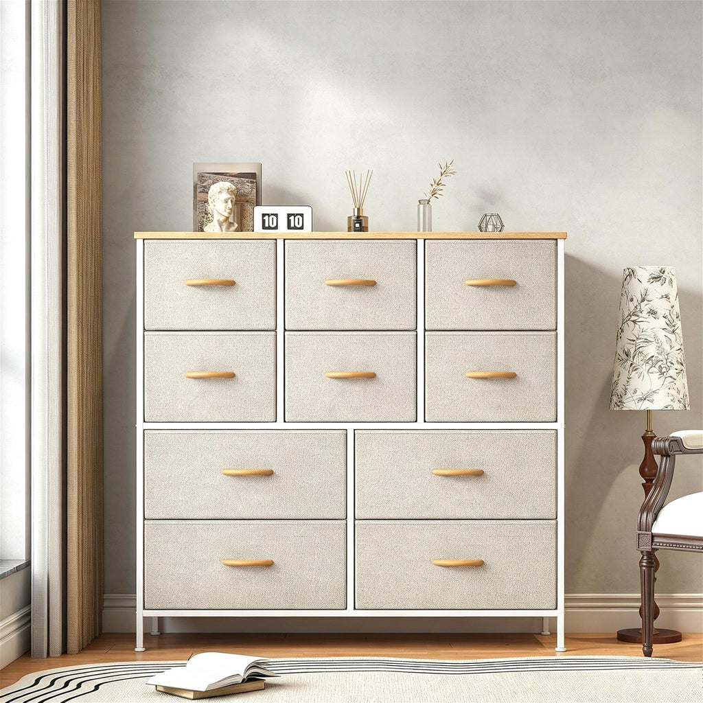 10-Drawer Fabric Storage Tower with Metal Frame & MDF Top, Non-Woven Organiser for Bedroom, Living Room, Hallway – Beige/White/Wood Tone (100x30x97cm)