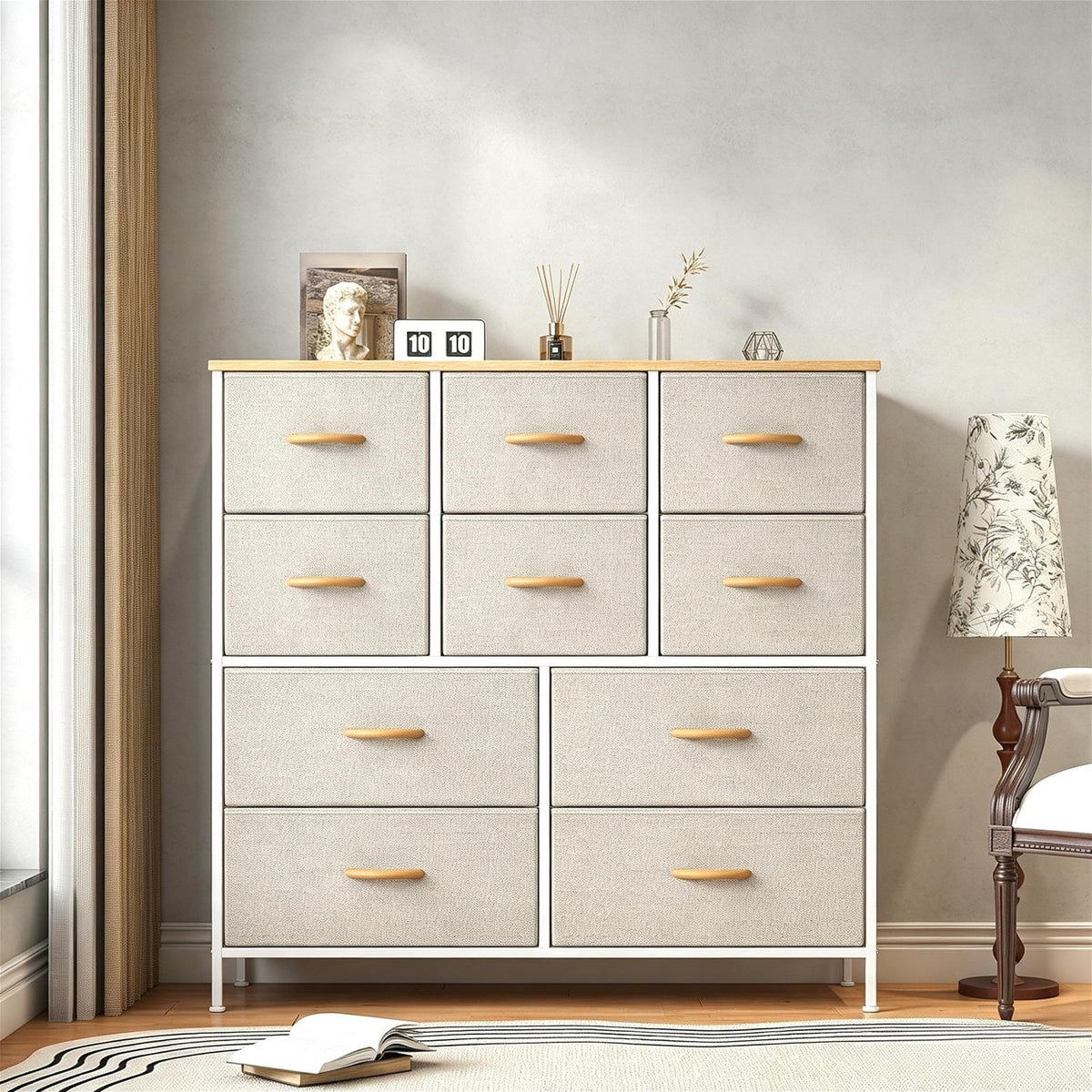 10-Drawer Fabric Storage Tower with Metal Frame & MDF Top, Non-Woven Organiser for Bedroom, Living Room, Hallway – Beige/White/Wood Tone (100x30x97cm)
