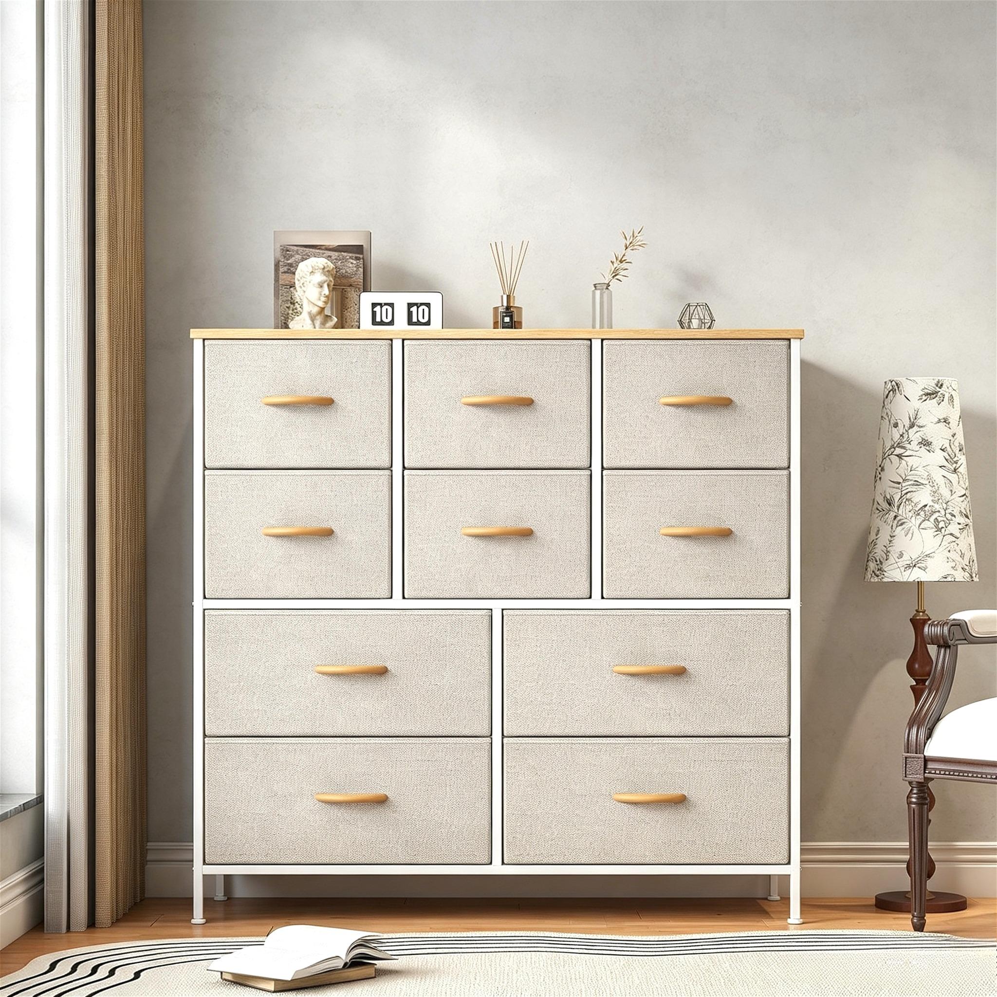 10-Drawer Fabric Storage Tower with Metal Frame & MDF Top, Non-Woven Organiser for Bedroom, Living Room, Hallway – Beige/White/Wood Tone (100x30x97cm)