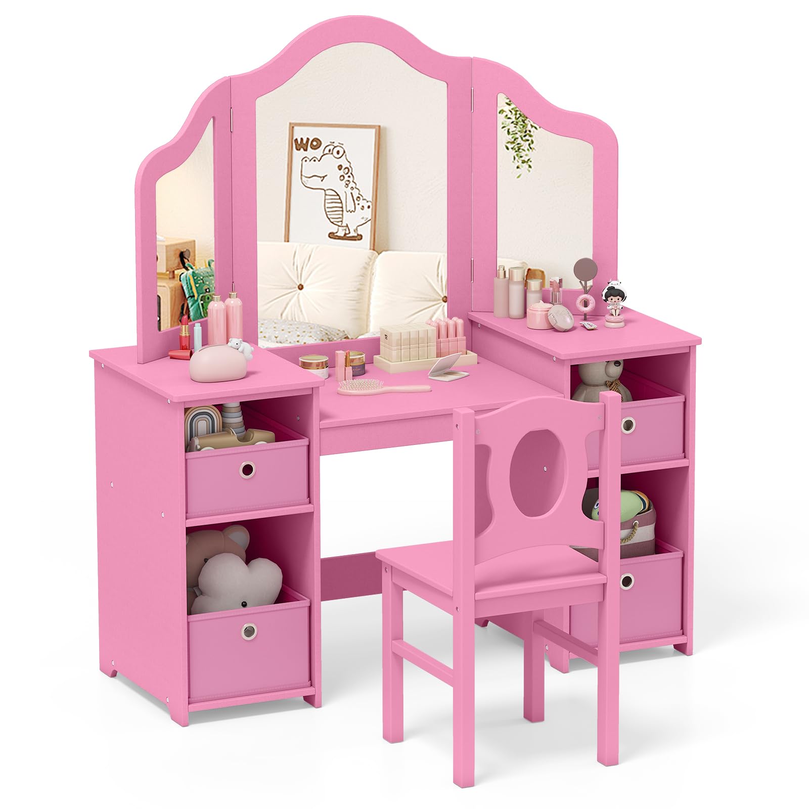 【NS】Kids Vanity Table and Stool Set, Princess Makeup Dressing Tables with Tri-Folding Detachable Mirror, 4 Storage Shelves, Wooden Children Study Desk for 3+ Years Old (White with Grey Bins)