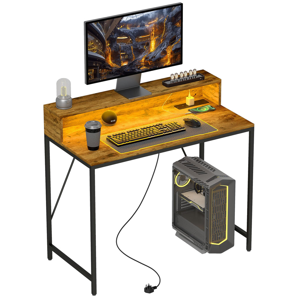【NS】Computer Desk with Power Outlets and LED Lights, 120 x 50cm Reversible Home Office Desk with Monitor Stand and 2-Tier Storage Shelves, PC Table with Cable Management, Black