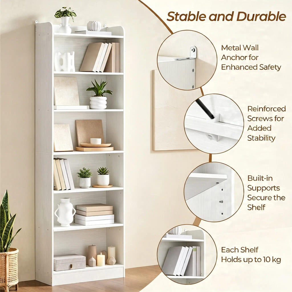 `Modern Tall Slim Open Bookcase, Freestanding Display Storage Shelf with Adjustable Shelves & Anti‑Tip Wall Anchor, Multi‑Purpose Unit for Books, Plants & Home Decor, Bedroom Living Room Office Study`