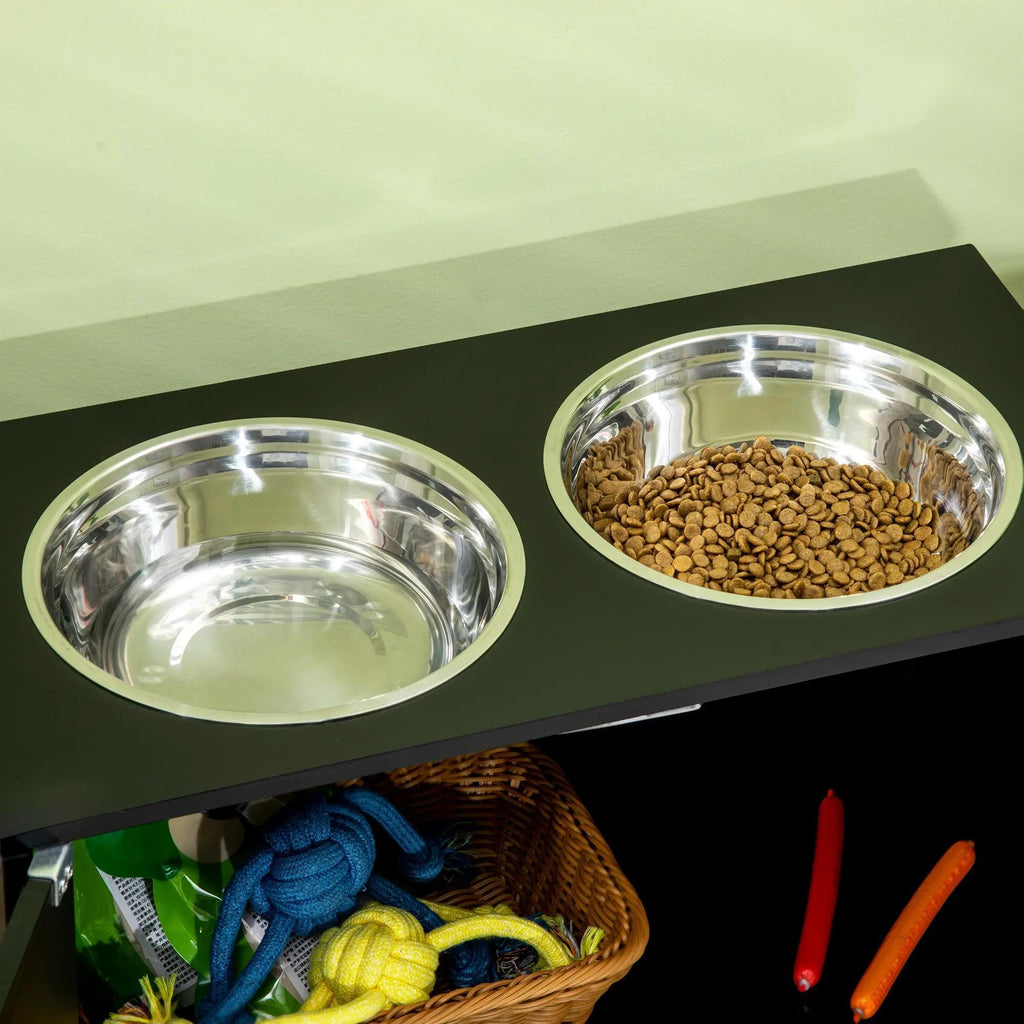 Elevated Raised Dog Bowls with Storage, Wooden Anti-Slip Large Dog Feeding Station, 2 Stainless Steel Food Water Bowls Indoor Pet Feeder Stand
