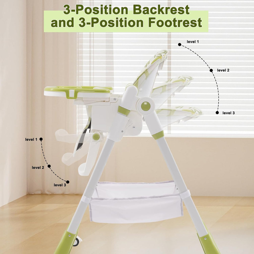 Adjustable Luxury Foldable Highchair - 5-Position Height, 3 Recline & Easy-Clean Tray | Grow-with-Me Baby Chair from 6 Months to 3 Years [Plus A Free Gift]