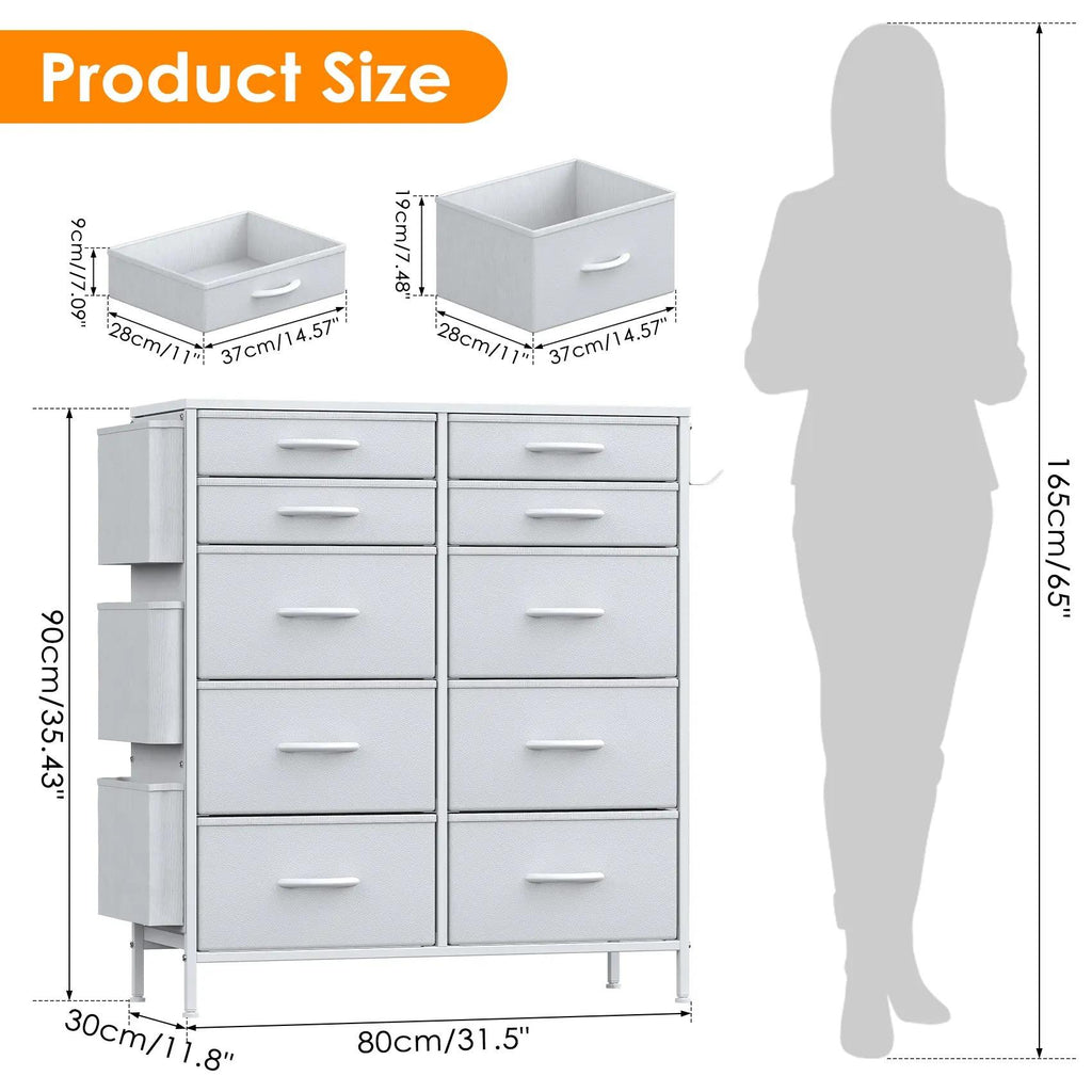 White Tall 10‑Drawer Fabric Dresser with 3 Side Pockets, Chest of Drawers with MDF Wood Top & Metal Frame, Anti‑Tip Storage Organizer for Bedroom Closet Living Room Dorm Office