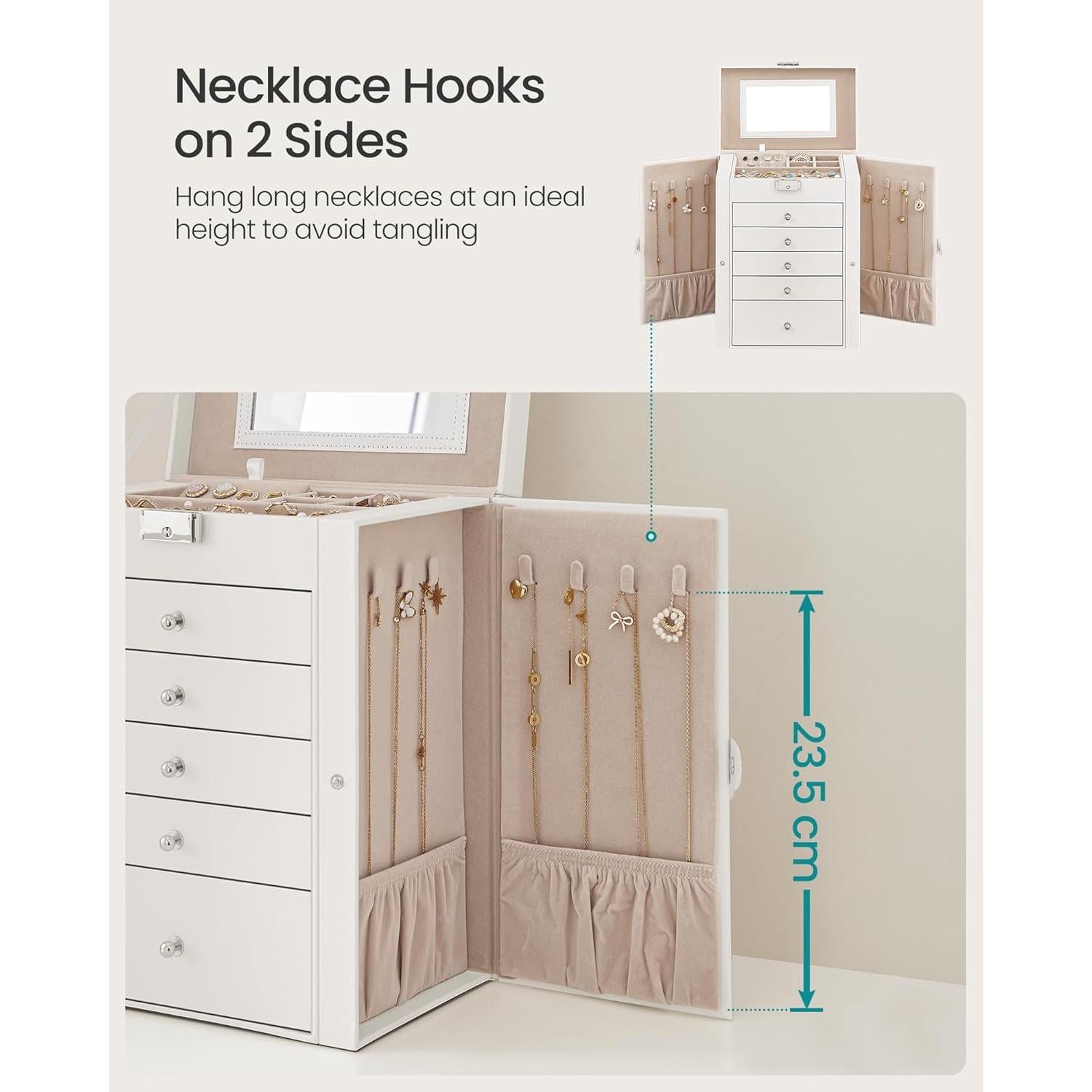 Large 6-Tier Jewellery Organiser with Lock and Mirror, 5-Drawer Watch and Accessory Storage Box, Vanity Case for Necklaces Rings Bracelets Earrings [Plus A Free Gift]