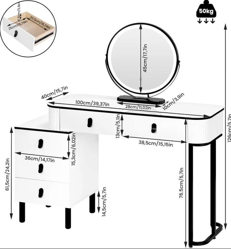 Dressing Table Vanity Desk with 3‑Colour Dimmable LED Swivel Mirror, 100×40cm Makeup Table with 5 Drawers & Removable Side Cabinet for Bedroom