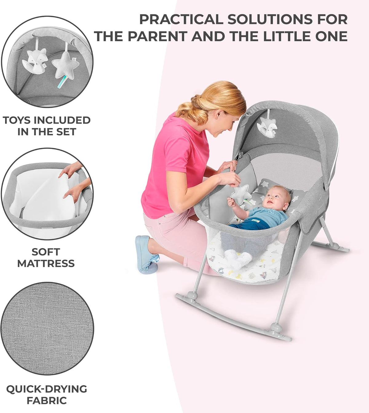 3-in-1 Foldable Baby Crib with Adjustable Canopy, Mattress Cover, Toys & Carry Bag - for Newborns 0-9kg, Gray - Compact & Portable Design