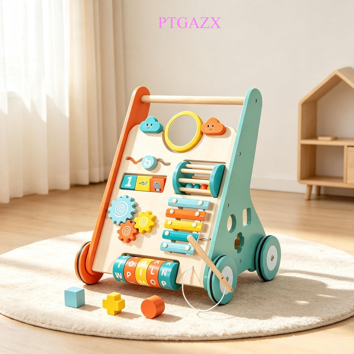 10-in-1 Wooden Toddler Push Walker, Multifunctional Educational Activity Learning Center with Silent Floor-Safe Rubber Wheels, Push-Along Walking Toy for Boys & Girls 12 Months+, Great Baby Gift