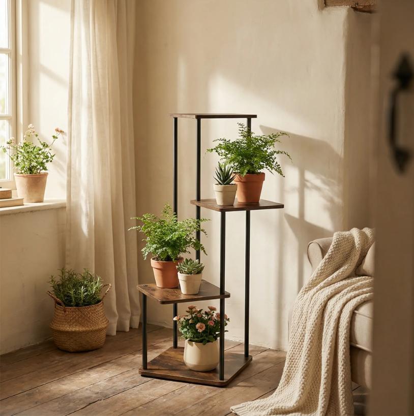 4/5 Tier Multilayer Indoor Plant Stand, Compact Corner Flower Pot Shelf, Space-Saving Vertical Display Rack with Iron MDF Frame, Easy Assembly Plant Storage Shelving for Living Room Balcony Home Garden Decor
