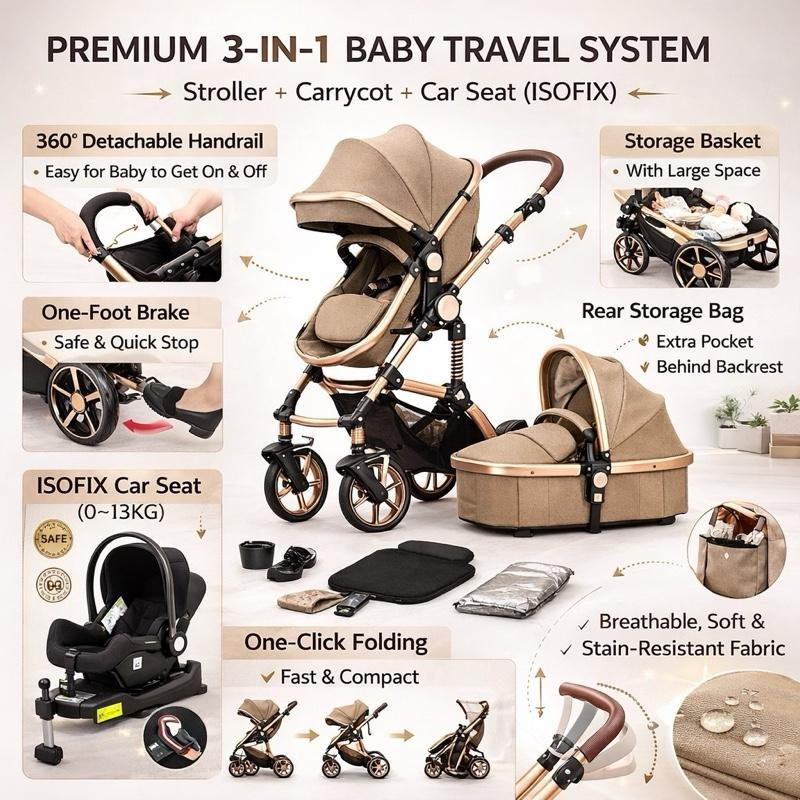 Baby Buggy, Baby Pram, Pushchair, 3 in 1 Travel System, Foldable Stroller, Lightweight Folding All in One Stroller, Portable Baby Carriage for Newborns and Toddlers, Aluminium Frame, Black - Rose Gold