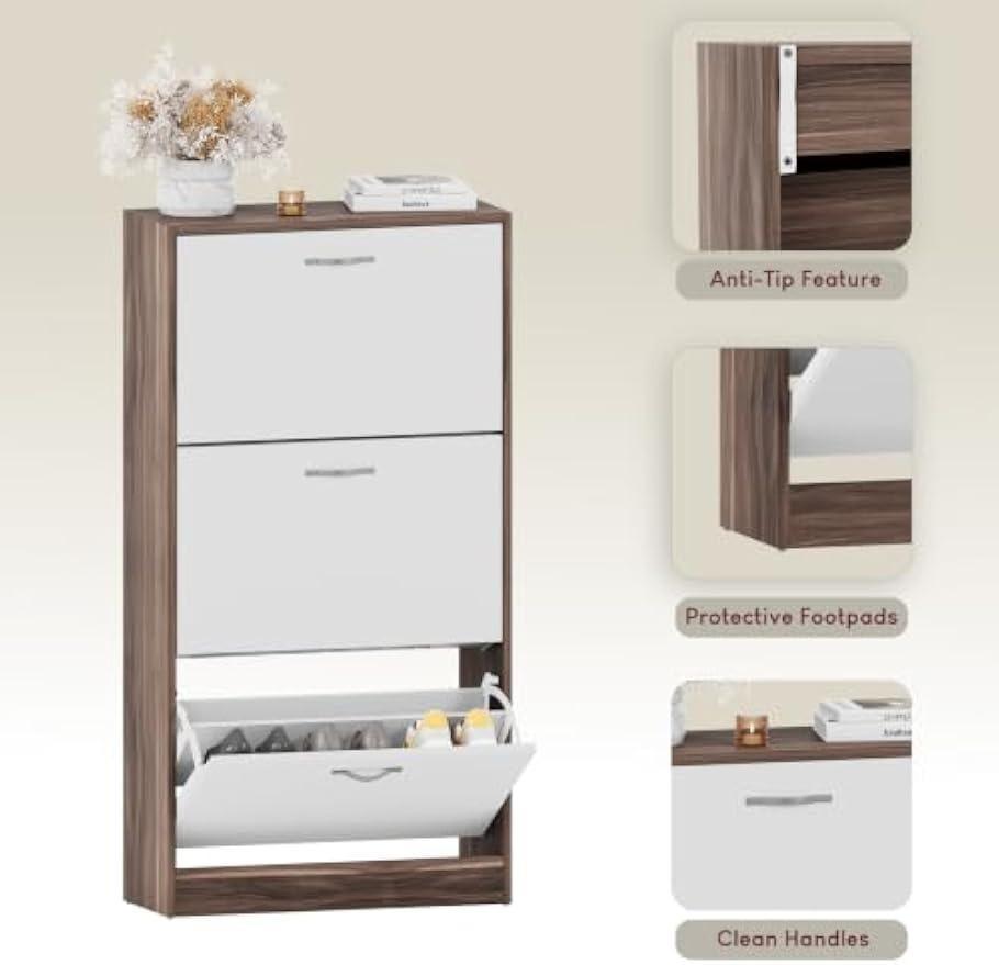 Pull-Down Wooden Shoe Storage Cabinet | 3-Tier Slim Shoe Organiser with Drop-Down Drawers, Multifunctional Dust-Proof Space-Saving Cupboard for Hallway, Entryway, Porch | Walnut & White Finish [Plus A Free Gift]