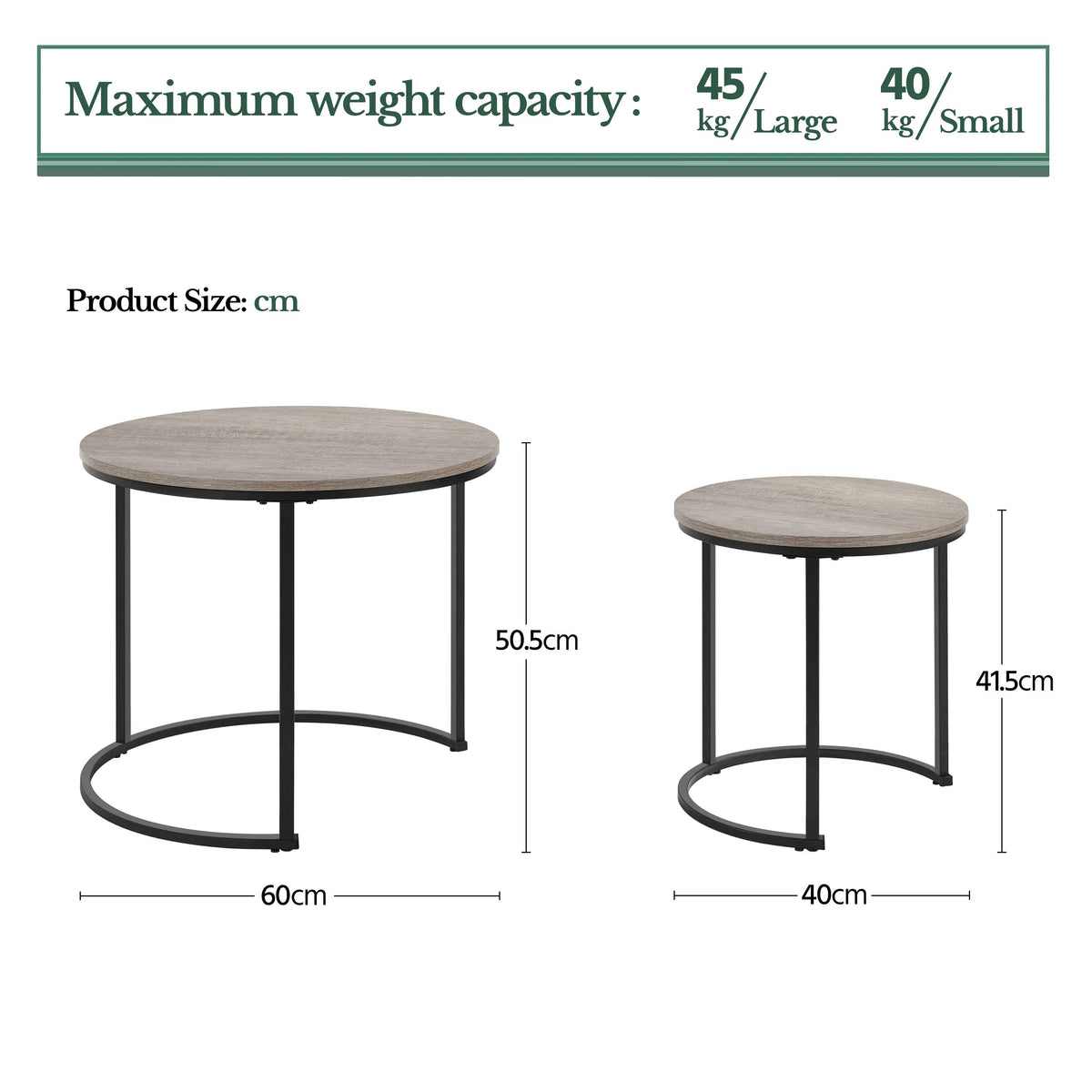 Grey Round Nesting Coffee Tables Set of 2, Faux Wood Grain Top, Scratch & Water Resistant, Sturdy Iron Frame, 40kg Load Capacity, Space-Saving Design for Living Room [Plus A Free Gift]