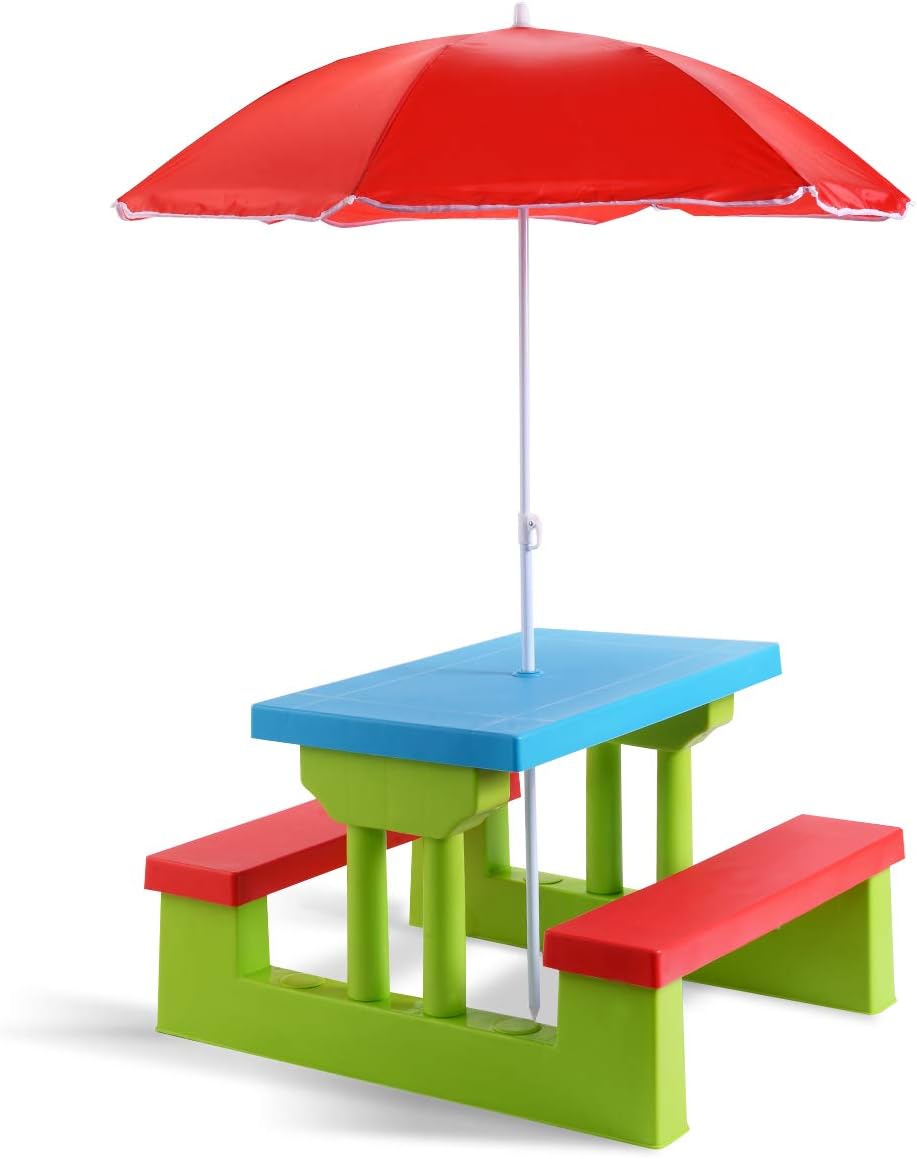 Kids Outdoor Picnic Table with Detachable Adjustable Umbrella, 4-Seater PP Plastic Table & Bench Set, Indoor Backyard Garden Activity Play Furniture for Boys and Girls