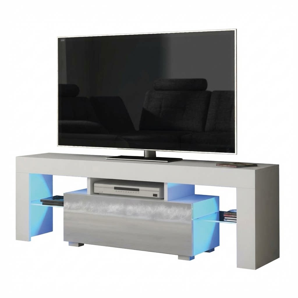 130cm Modern High Gloss TV Stand with LED Light & Glass Shelves Storage Cabinet for Living Room